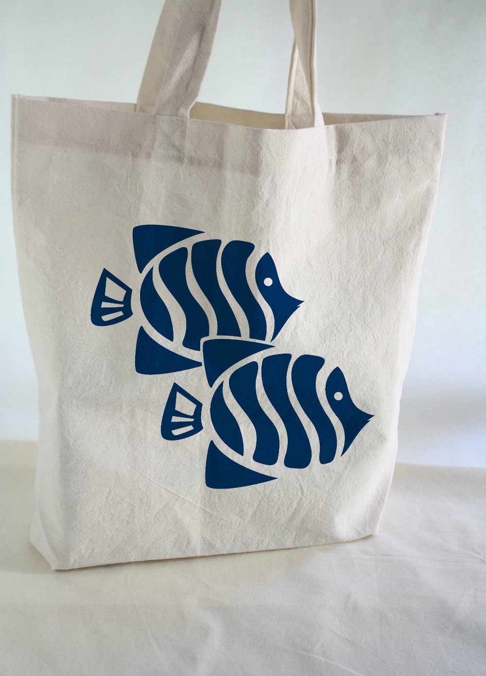 Cotton TOTE BAG - Beach Tote - Cotton Tote Bag With Hand Printed Fishes